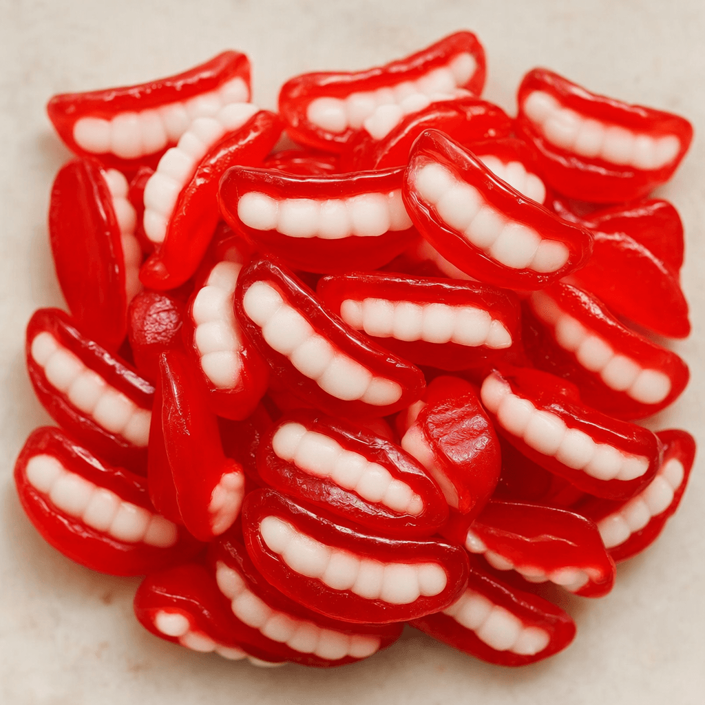 Small, glossy gummy sweets shaped like wide grinning mouths, with rows of opaque white teeth set in translucent red gum.