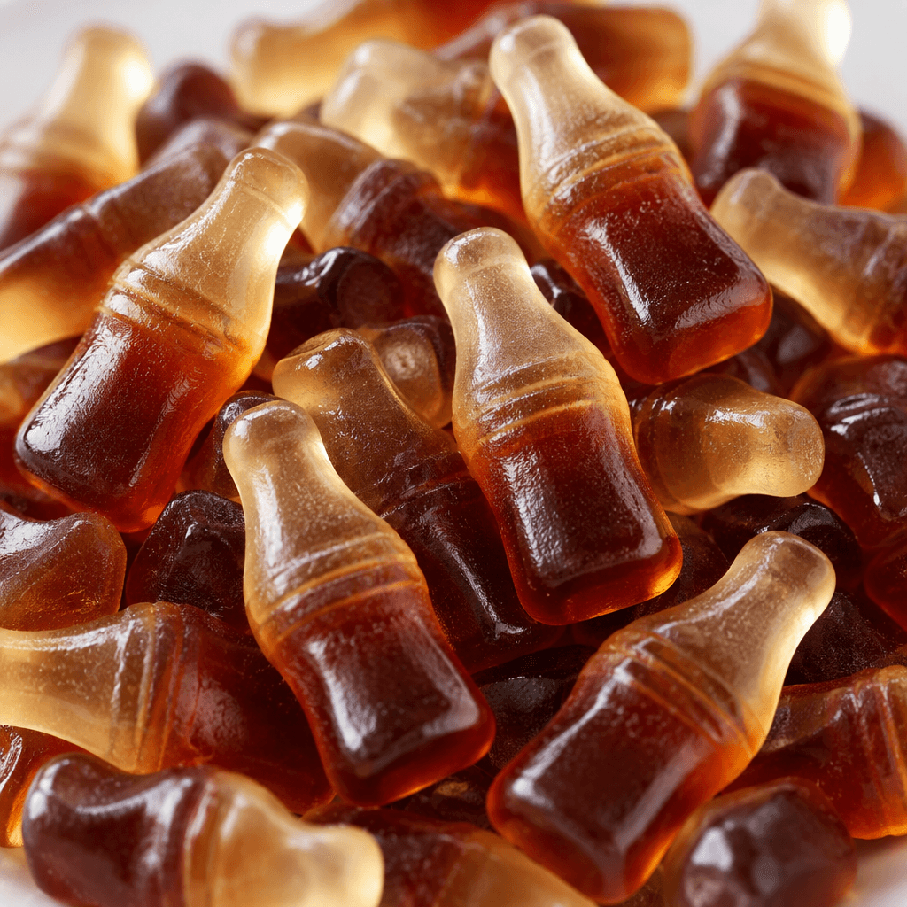 Glossy, translucent dark amber-brown gummy sweets shaped like small cola bottles, with rounded bottle tops and narrow necks, piled together.