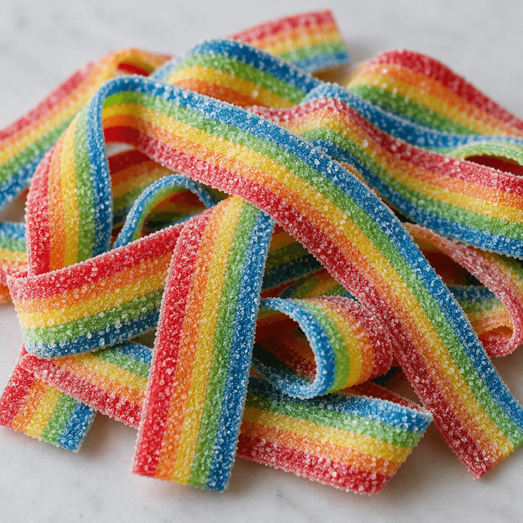 Long, flat strips of chewy candy lie loosely arranged, each showing bright parallel bands of red, orange, yellow, green and blue beneath a fine coating of sugar crystals.