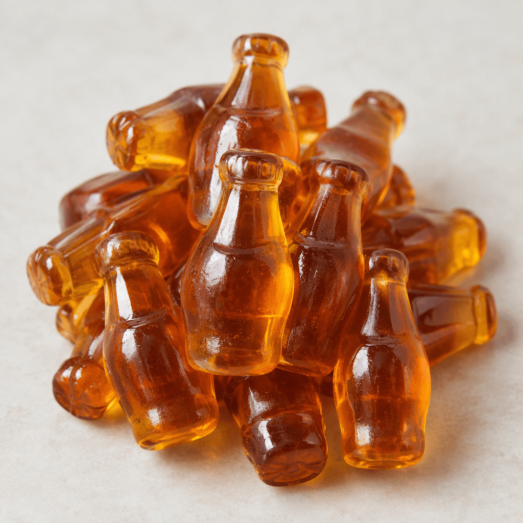 Small, glossy, translucent amber-brown gummies shaped like miniature bottles, with molded caps and rounded bodies.