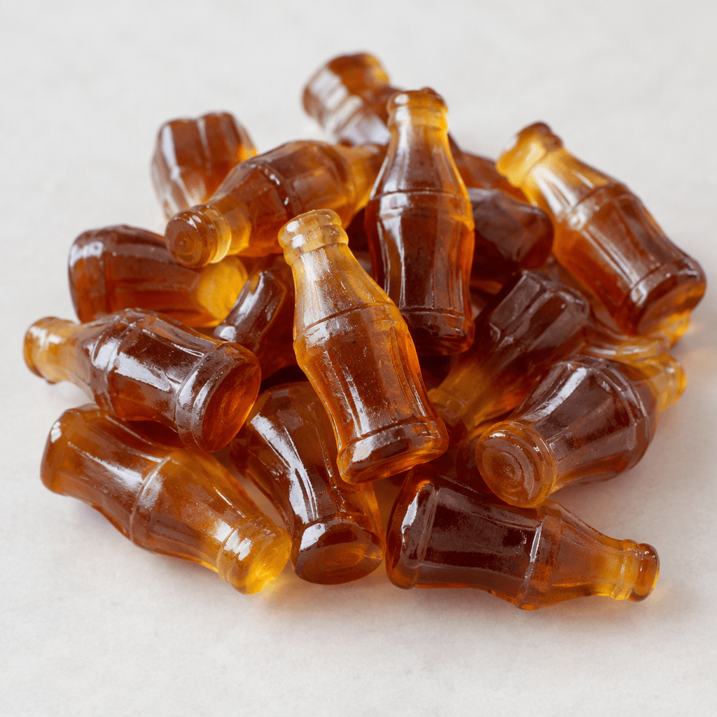 Small, glossy, translucent amber-brown gummy candies shaped like miniature bottles, with raised bottle-neck and base details, scattered together.