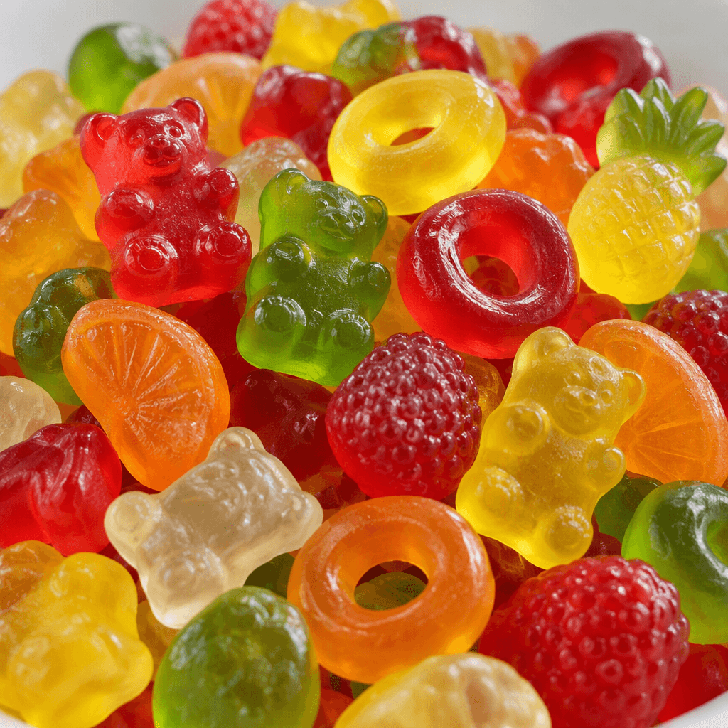 A colorful assortment of small, glossy, translucent chewy sweets in assorted shapes such as bears, rings, and fruit, with bright red, orange, yellow, green, and clear pieces piled together.