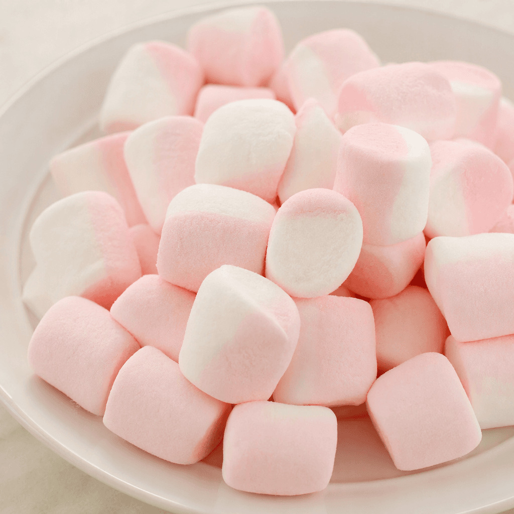 Small, soft-looking marshmallows with rounded pillow-like shapes, pale pink and white sections, and a lightly powdery surface are scattered on a plain plate.