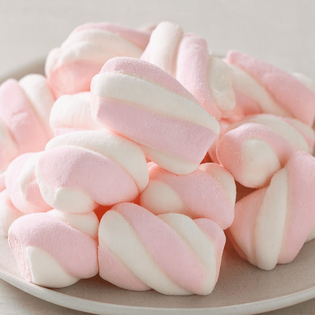 Açık pembe ve beyaz renkli, yüzeyi hafif şekerli, yumuşak ve tombul marshmallow şekerleri kıvrımlı biçimleriyle küçük bir yığın hâlinde duruyor.