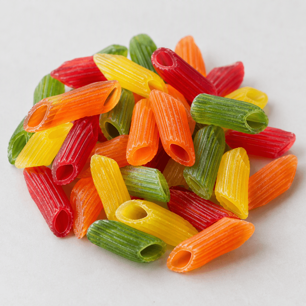 Small, brightly coloured gummy sweets shaped like short ridged tubes with slanted ends and visible openings, scattered together on a plain surface.