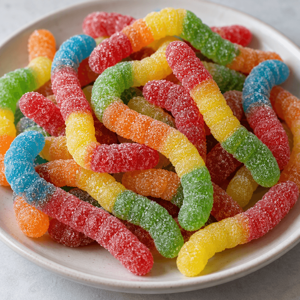 Long, curved gummy worms with plump ridged segments, brightly colored in two-tone bands and lightly coated with sparkling sugar crystals, scattered together on a plate.