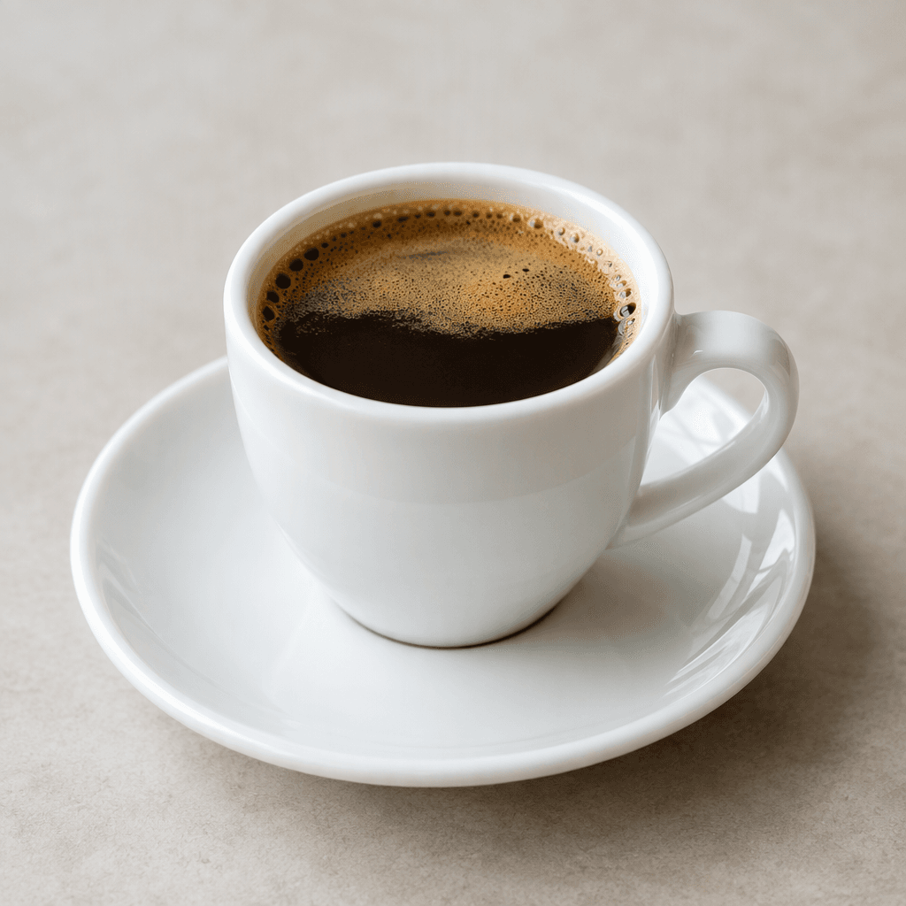 A small cup holds opaque, very dark brown coffee with a thin layer of tan foam on the surface, served on a saucer.