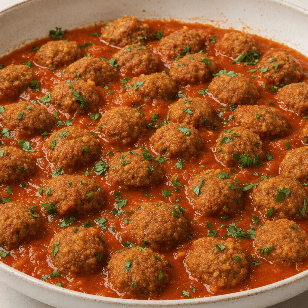 İnce bulgur ve kıymadan yapılan, hafif yassı küçük köfteler parlak kırmızı domates sosunun içinde, üzerlerine serpilmiş kıyılmış yeşilliklerle servis edilir.