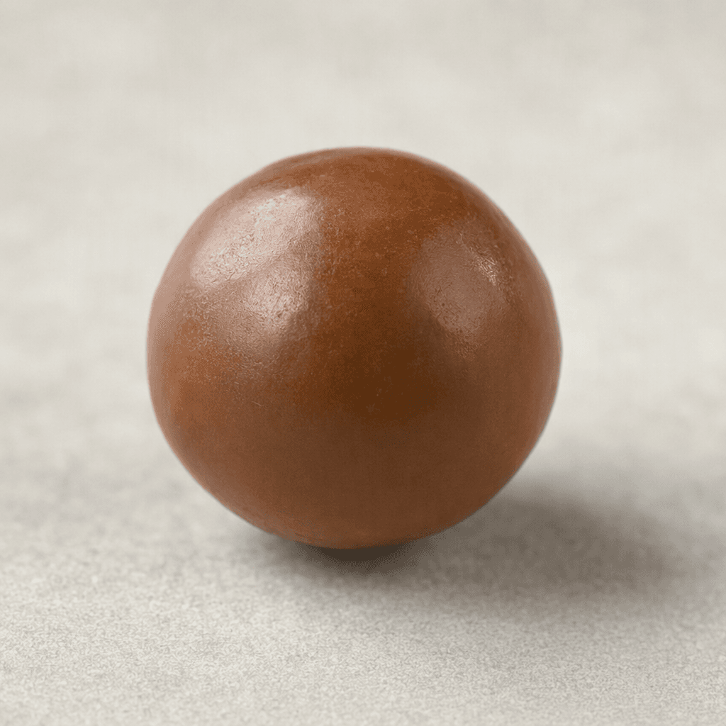 A small, round, bite-sized ball with a smooth milk-chocolate-brown coating, shown on a plain surface.