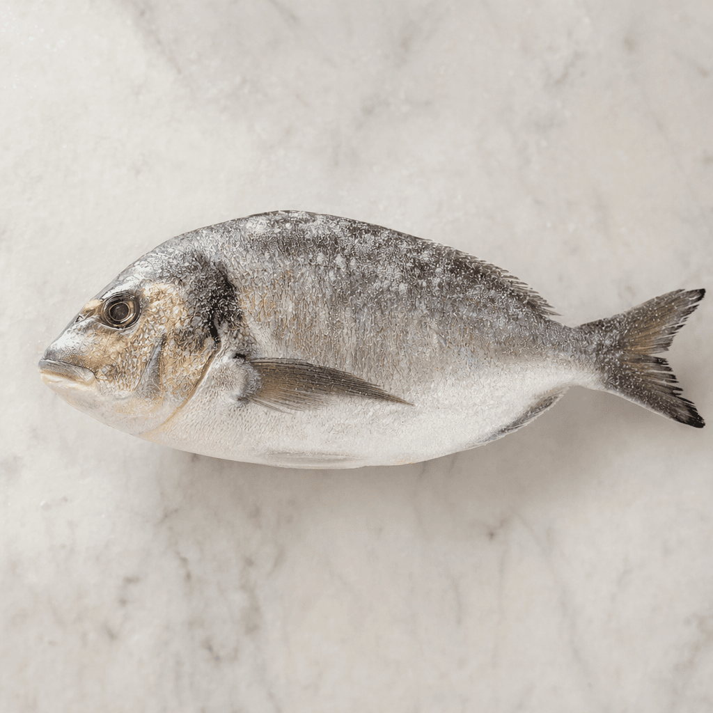 A whole frozen gilt-head bream with an oval, slightly flattened body, silvery scales, a darker gray back, pale belly, gold-toned band between the eyes, and a light icy sheen.