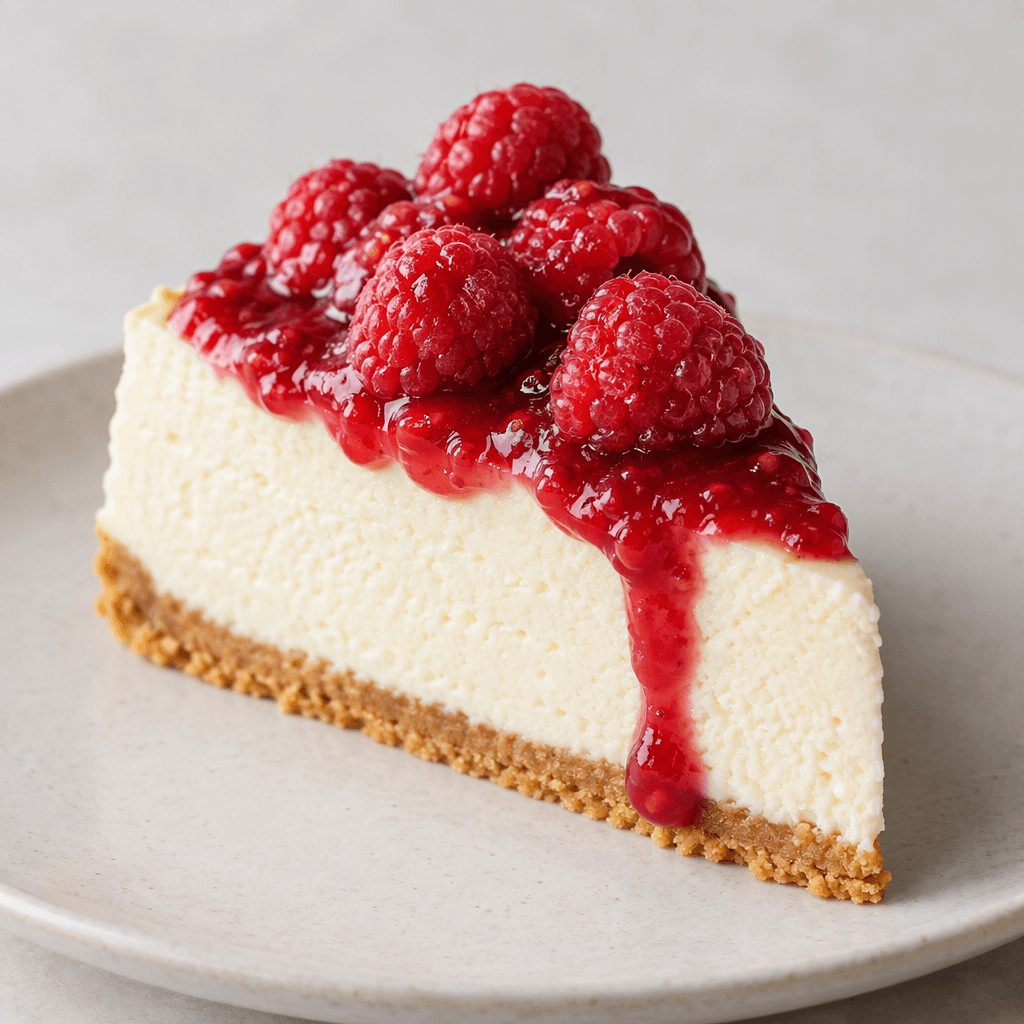 İnce, altın sarısı bisküvi tabanının üzerinde açık renkli, pürüzsüz dolgusu bulunan cheesecake diliminin üzeri parlak kırmızı ahududu sosu ve bütün ahududularla kaplı.