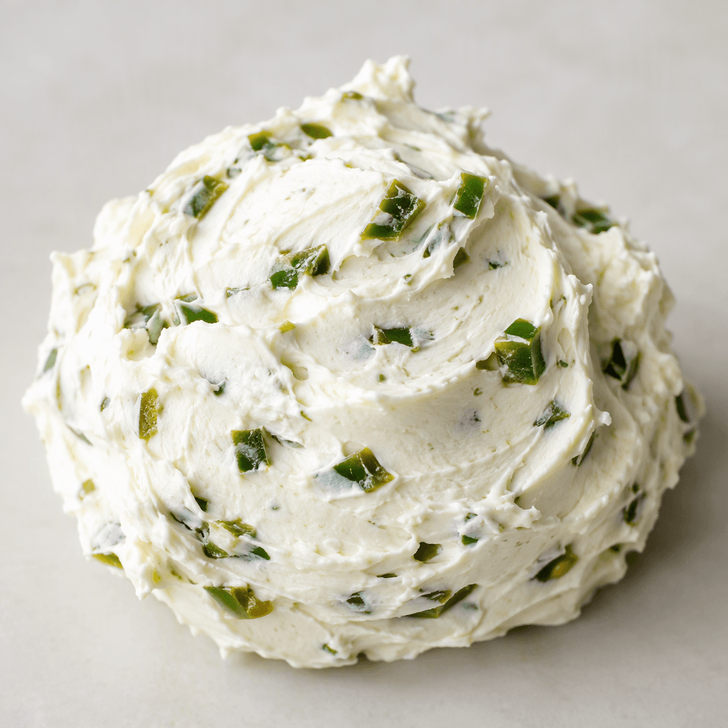 A soft mound of thick, smooth white cream cheese flecked with small green jalapeño pieces.