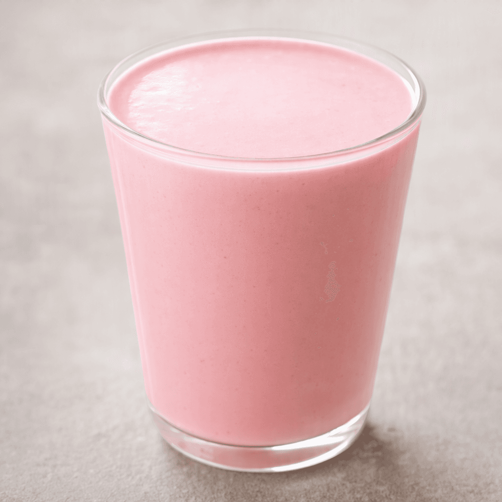 A smooth, pourable kefir in a glass, pale berry-pink with an even, creamy surface.
