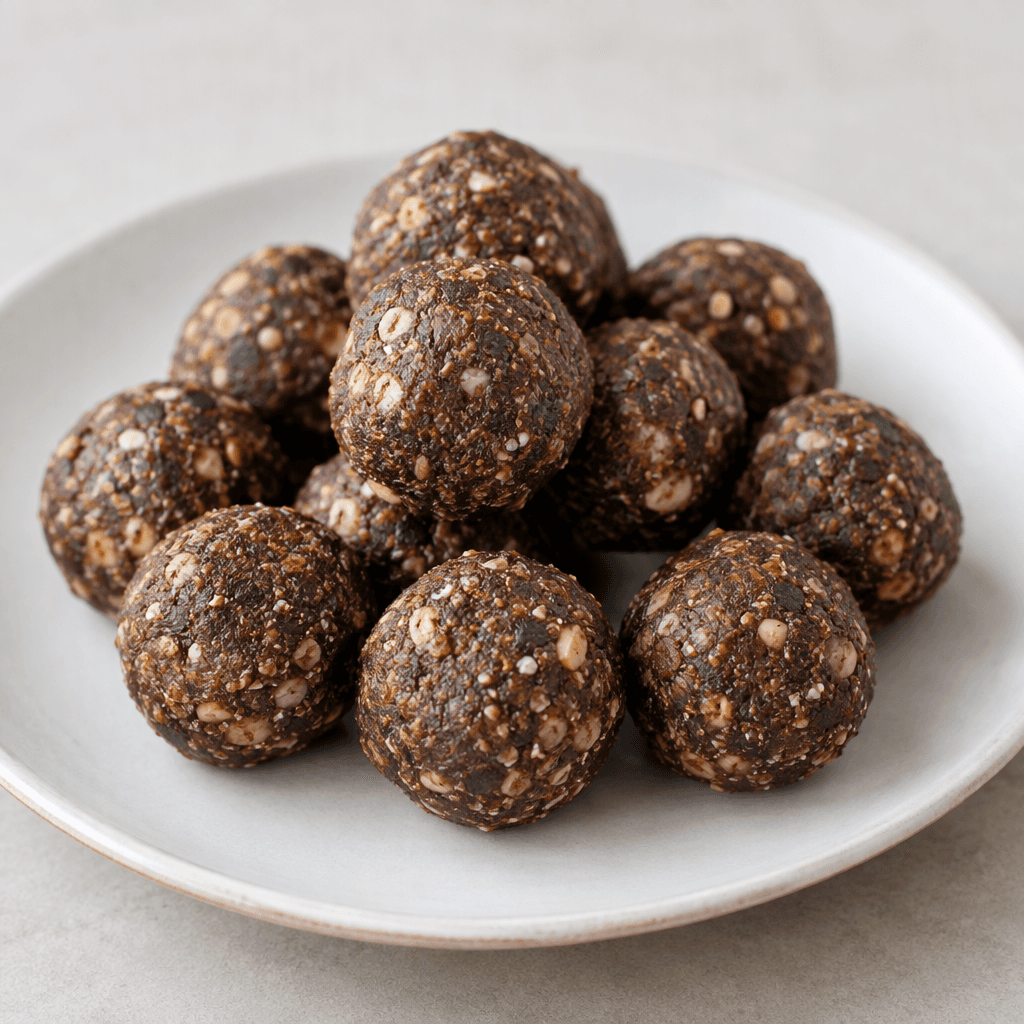Small, round, dark-brown protein balls with a slightly uneven, speckled surface, arranged on a plain plate.