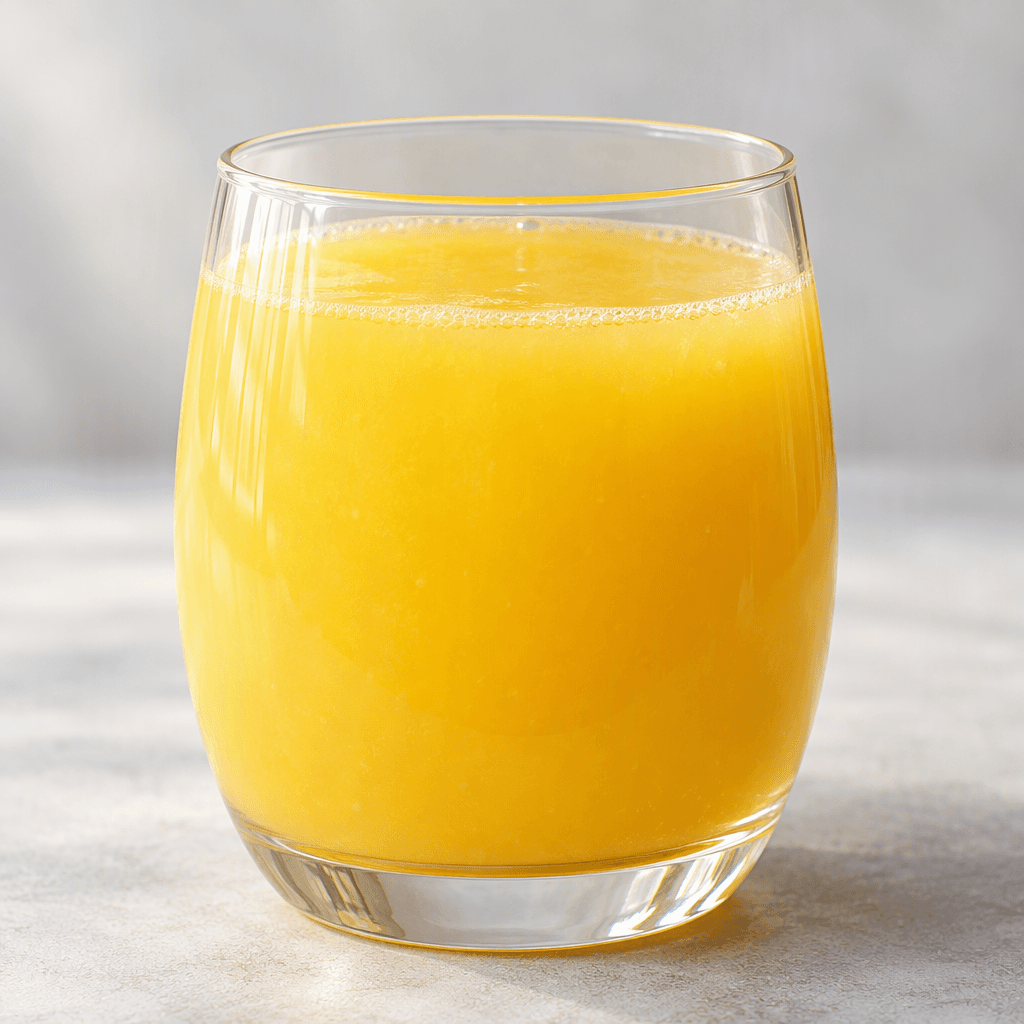 A bright yellow, slightly cloudy drink with a smooth, even appearance.