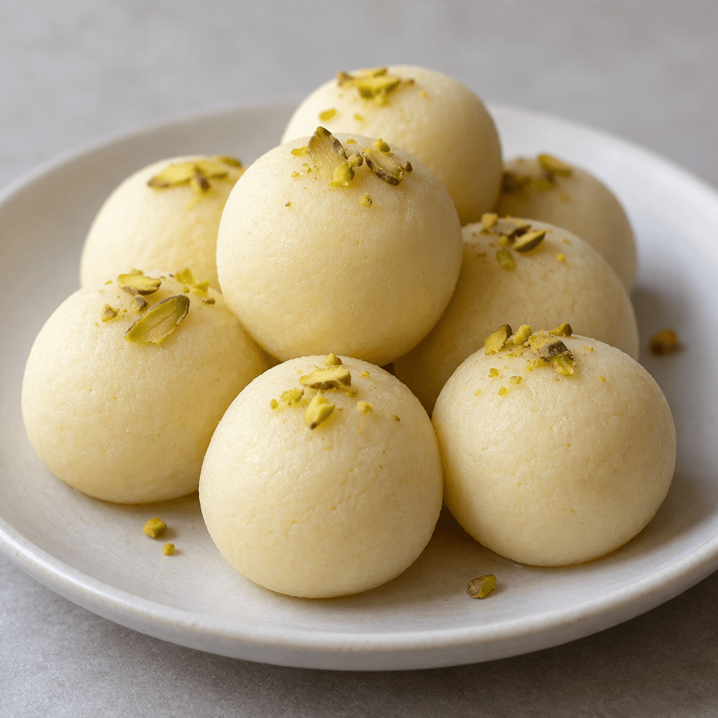 Small, smooth, pale-cream sweets with a matte surface, shown together on a plain plate.