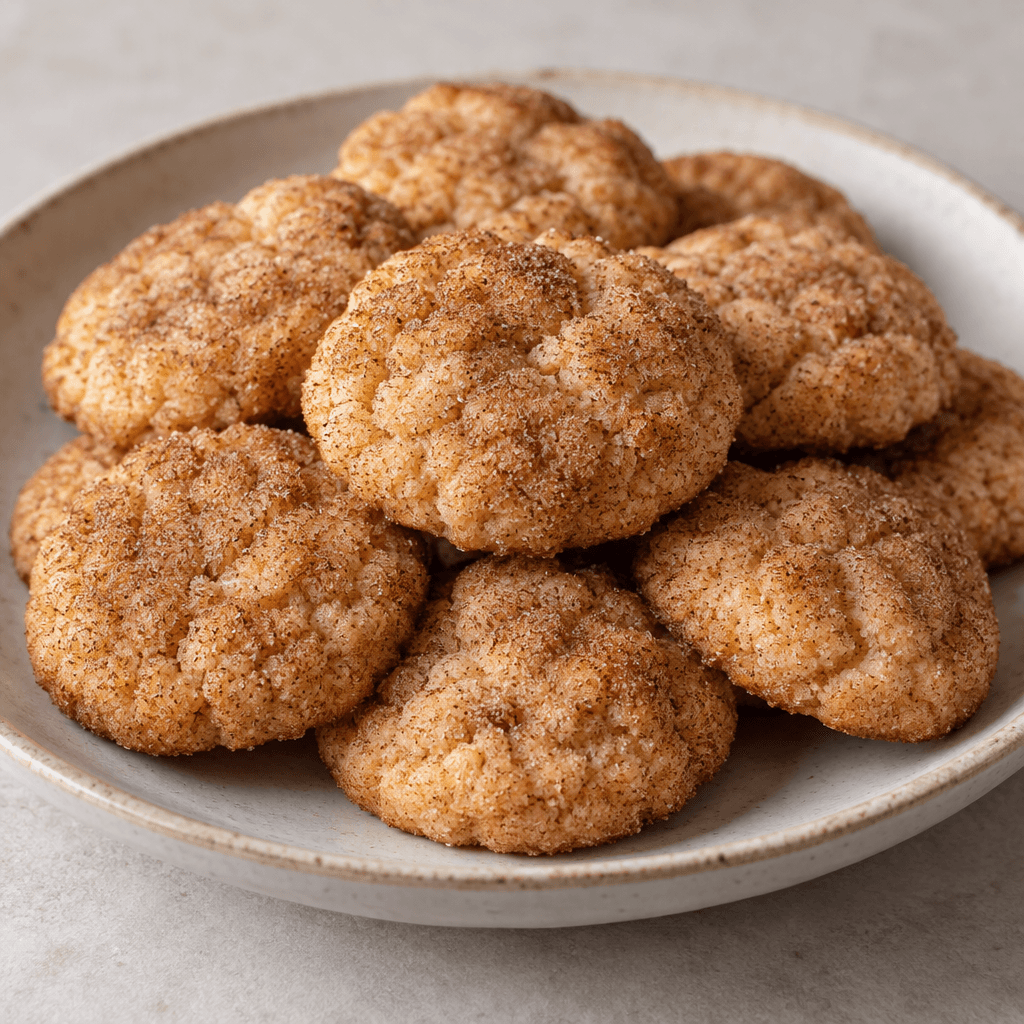 Small, round cinnamon cookies with a golden-brown surface and a lightly uneven, crumbly texture are arranged on a plate.