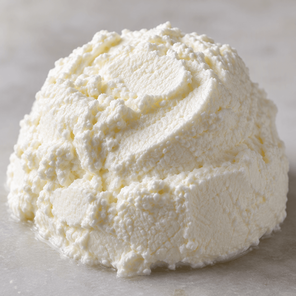 Soft, bright-white fresh cheese sits in a small mound, with a moist, creamy surface and a few gentle ridges.
