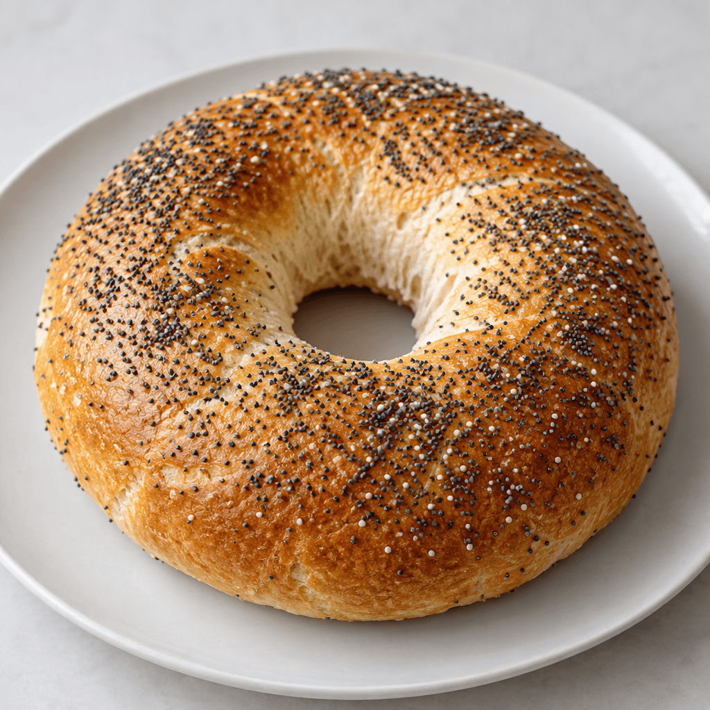 A round, golden-brown ring-shaped bread with a slightly crisp, smooth crust, a pale cream interior visible through the central hole and along a cut edge, and many tiny black-and-white poppy seeds scattered across the top, served whole or sliced on a plain plate.