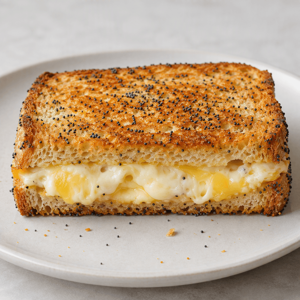 A rectangular toasted sandwich with golden-brown bread covered in scattered black poppy seeds, a thick pale three-cheese filling visible along the cut edge, and a few crumbs on the plate.
