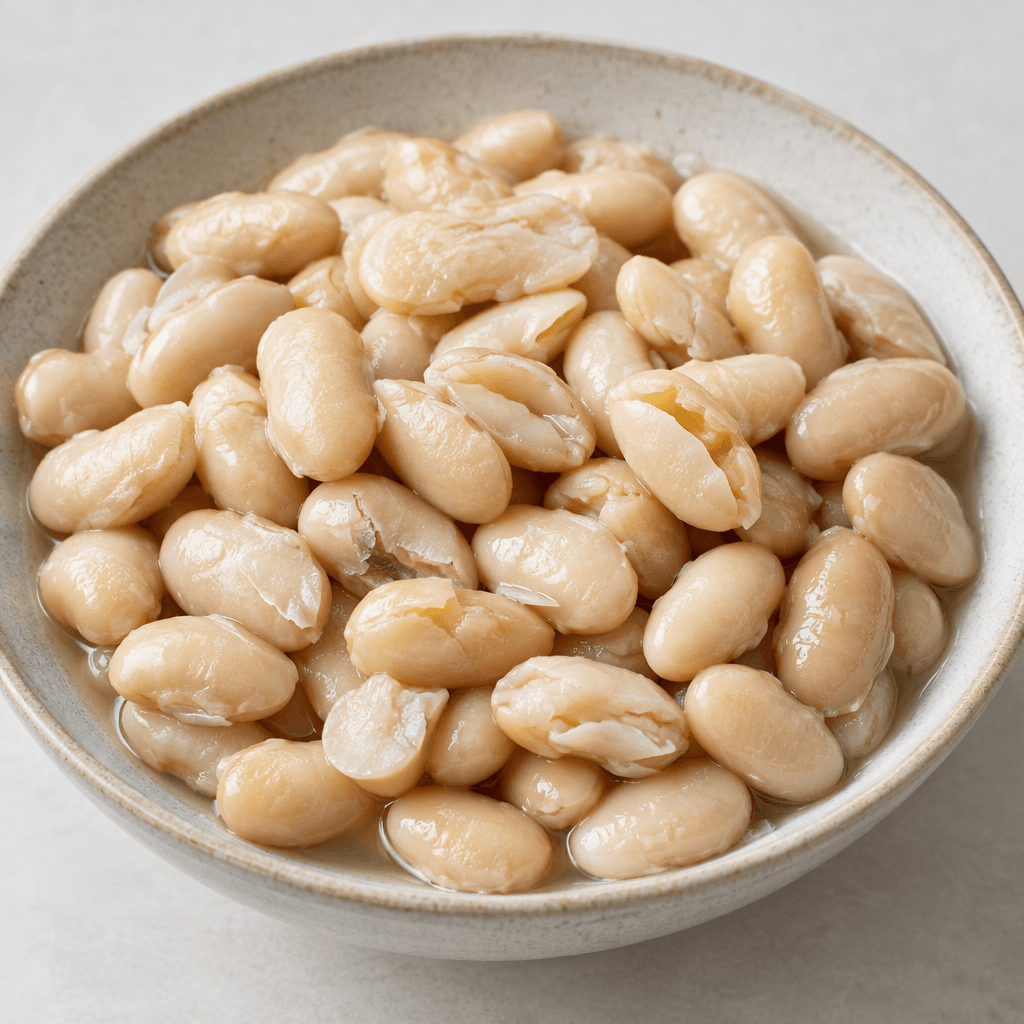 Soft, plump pale-cream beans with thin, slightly wrinkled skins are piled in a shallow bowl, some split open to reveal their tender interiors, with a light sheen of cooking liquid.