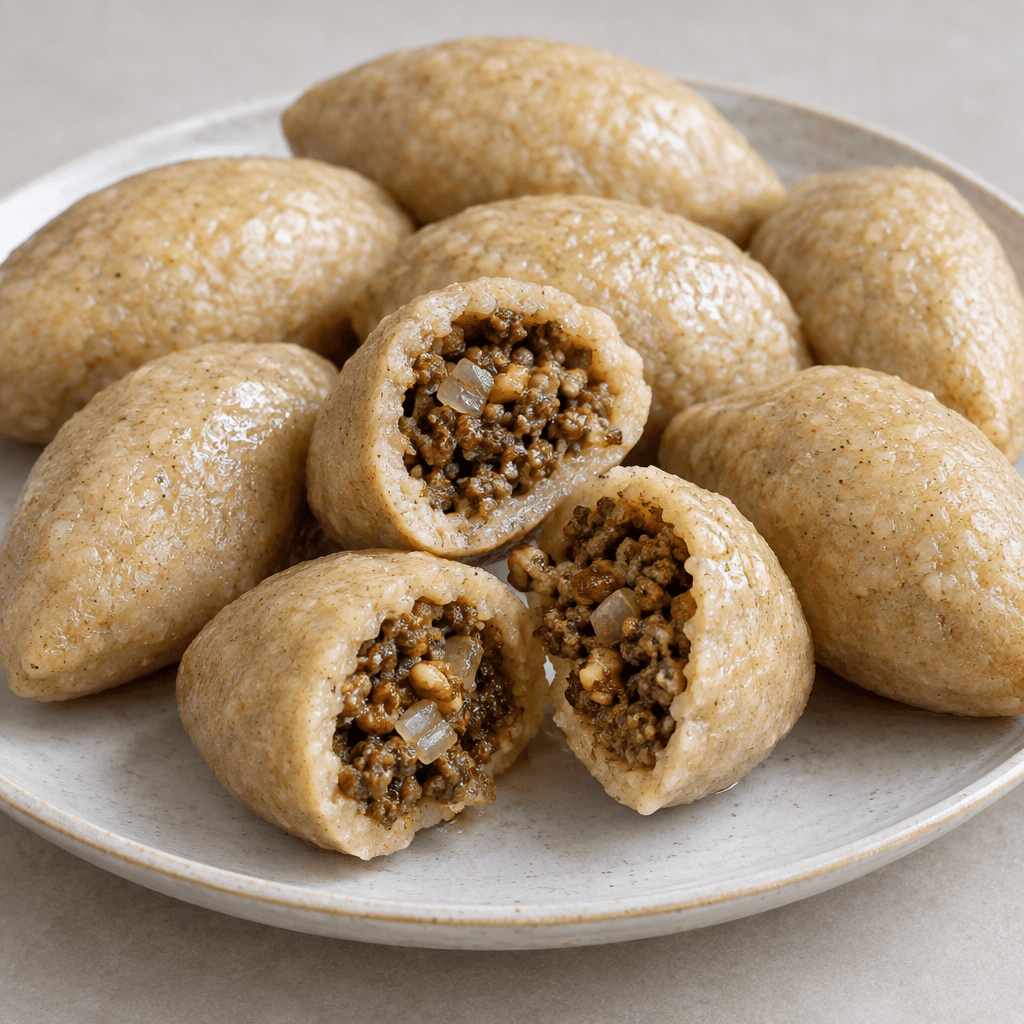 Oval, smooth pale beige bulgur shells are arranged on a serving plate, with several pieces cut open to reveal a dark brown minced-meat, onion and walnut filling, their moist surfaces lightly glistening.