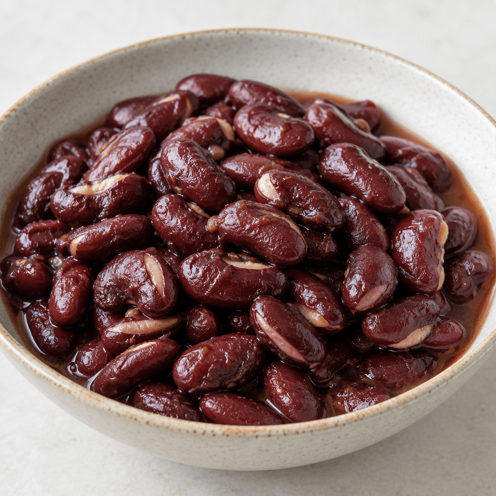 Glossy deep burgundy kidney-shaped beans with pale cream seams, visibly tender and slightly wrinkled, piled in a shallow serving bowl with a little reddish-brown liquid pooling around them.