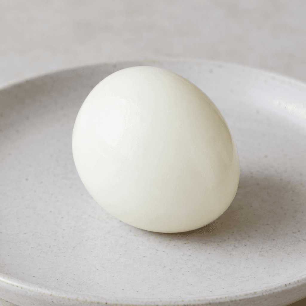 A whole, peeled hard-boiled egg sits on the plate, with a smooth, oval, opaque white surface and gently tapered ends.