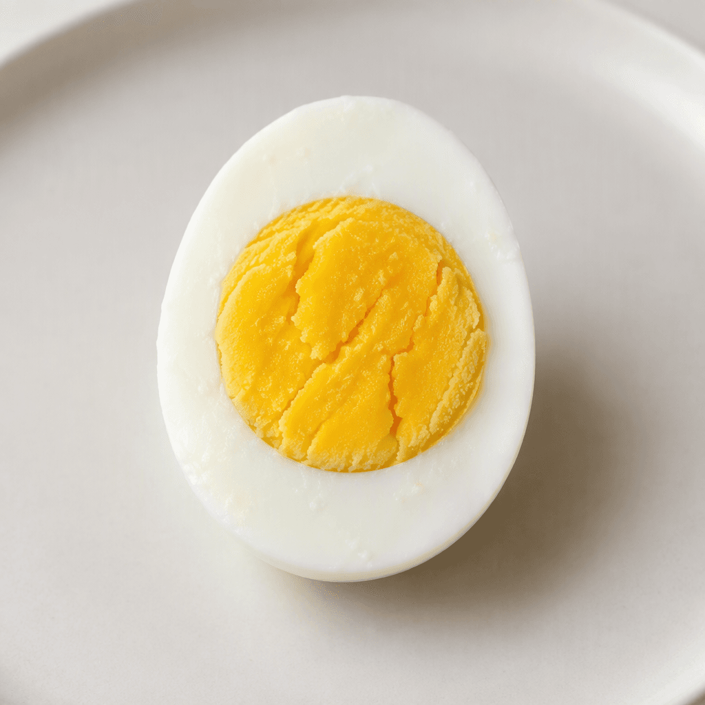 A smooth white oval egg with a firm, bright yellow yolk exposed at the center, served whole or halved on a plain plate.