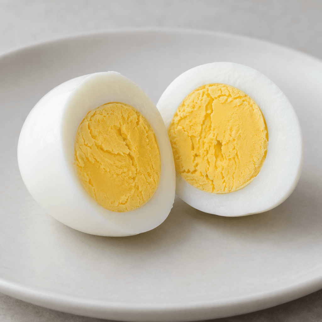 A large, peeled egg with a smooth, firm white exterior, cut in half to show a solid pale-yellow yolk, rests on a plain plate.
