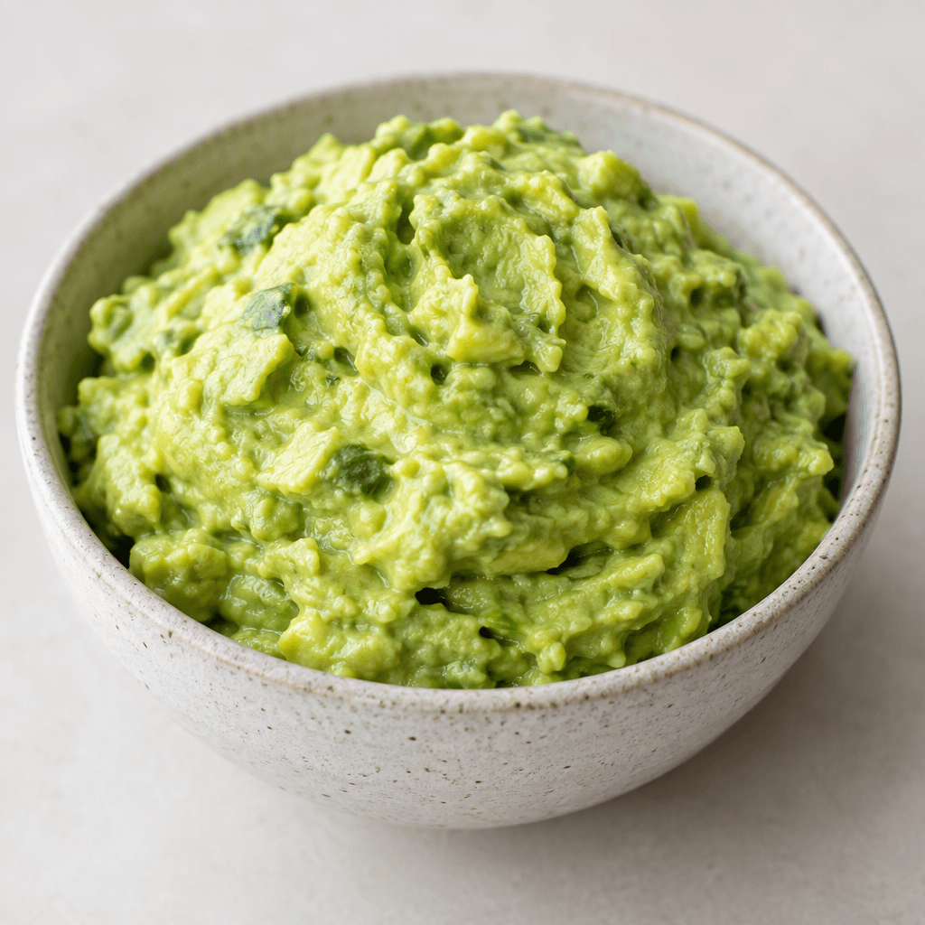 A thick mound of mashed Hass avocado with a creamy, slightly chunky texture, pale green flesh, and occasional darker green flecks, served in a small bowl.