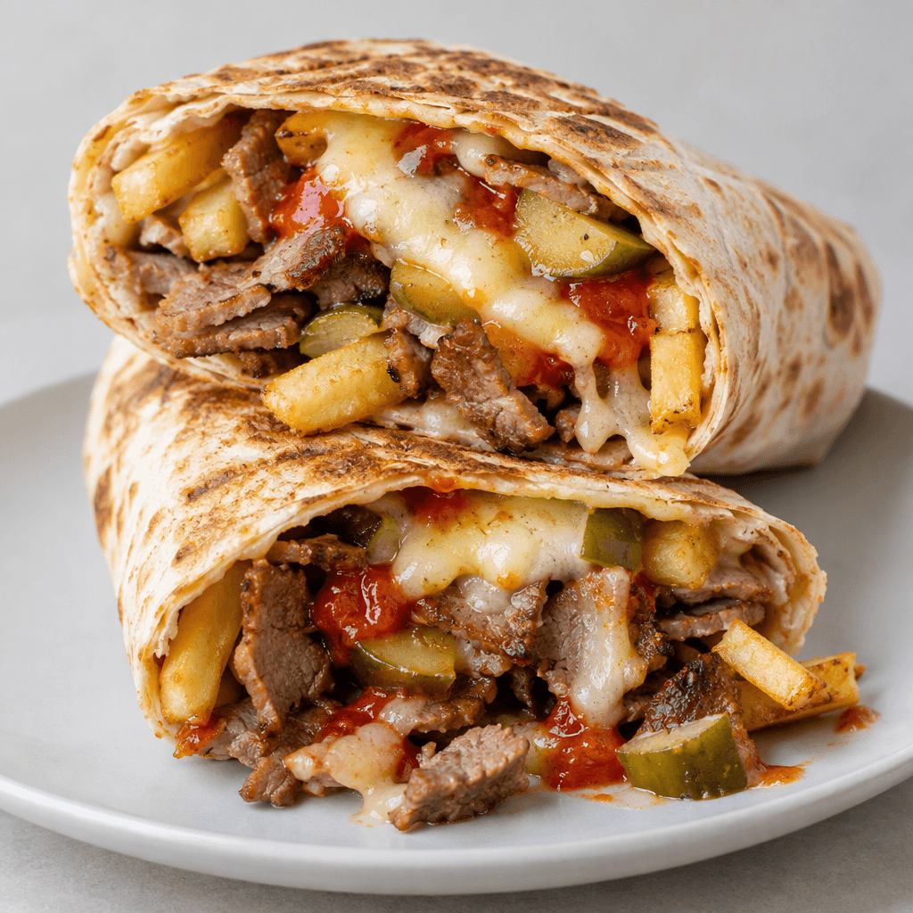 A toasted, tightly rolled flatbread cut open to reveal thin browned slices of seasoned meat, golden fries, glossy red sauce, pale straw-yellow melted semi-hard cheese, and a few green pickle pieces, with some filling spilling onto the plate.