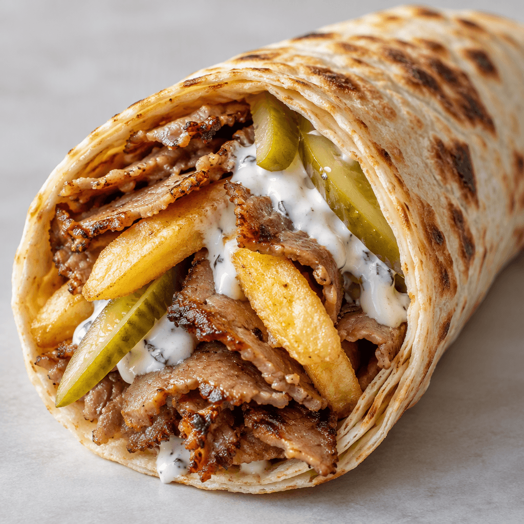 İnce bir lavaşa dilimlenmiş döner eti, altın sarısı patates kızartması, turşu şeritleri ve kremamsı sos sarılmış; dışı hafif kızarmış dürümün kesik ucundan iç harcı görünür.