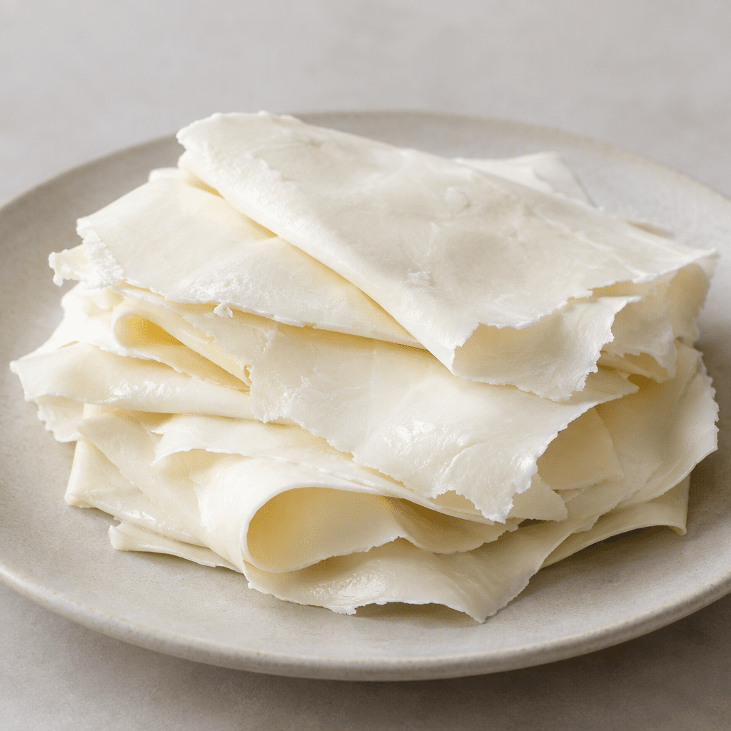 Thin, soft white cheese sheets are folded into loose layers and stacked on a plate, with smooth, slightly moist surfaces and irregularly torn edges.