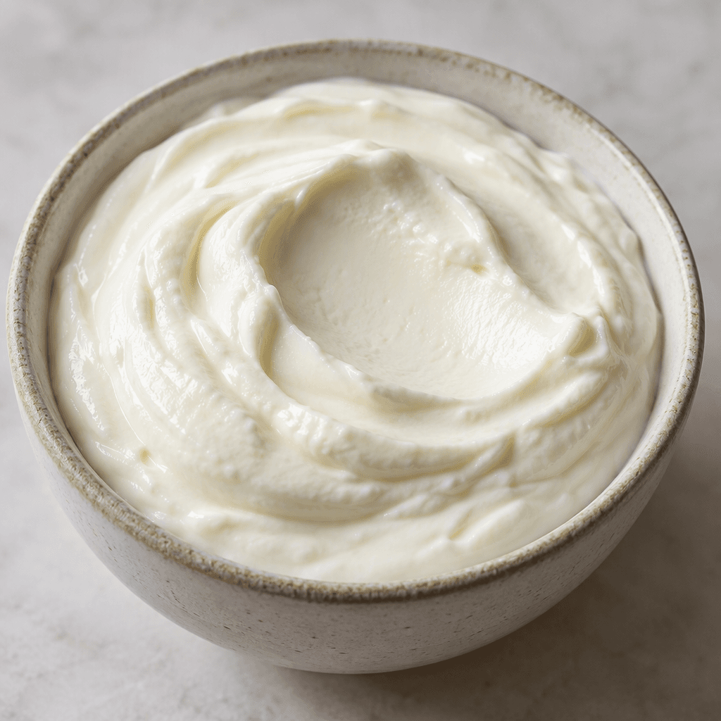 A thick, smooth, pale cream-colored yogurt sits in a small bowl, its dense surface holding soft spoon marks.