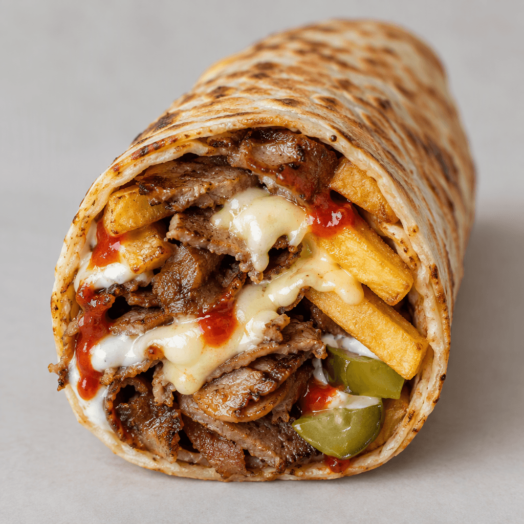 A tightly rolled, toasted flatbread wrap filled with thin browned döner meat, golden fries, pale straw-yellow melted semi-hard cheese, red sauce and pale garlic sauce, with crisp green pickles visible at the cut end.