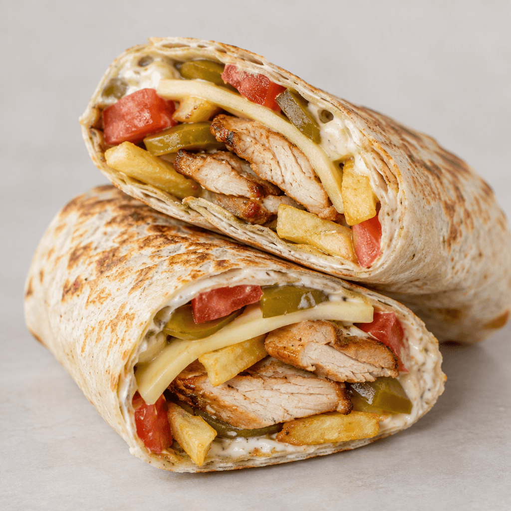 A tightly rolled, lightly toasted flatbread wrap cut on the diagonal, exposing strips of browned chicken, golden fries, pale straw-yellow semi-hard cheese, red tomato pieces, and green pickled peppers with creamy pale sauce between the layers.