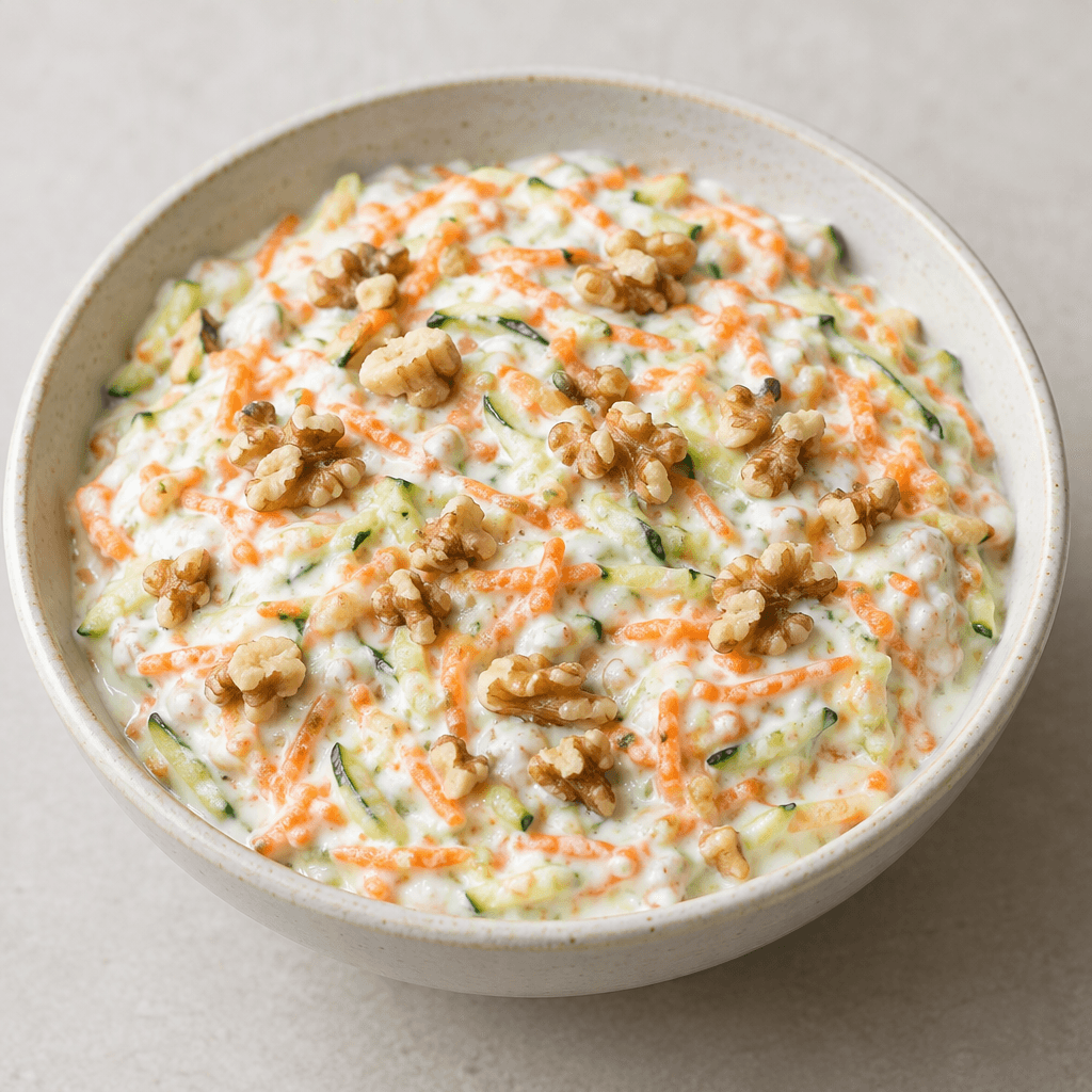A creamy white yogurt mixture studded with finely grated orange carrot and pale green zucchini, with small walnut pieces scattered over the surface, served in a shallow bowl.