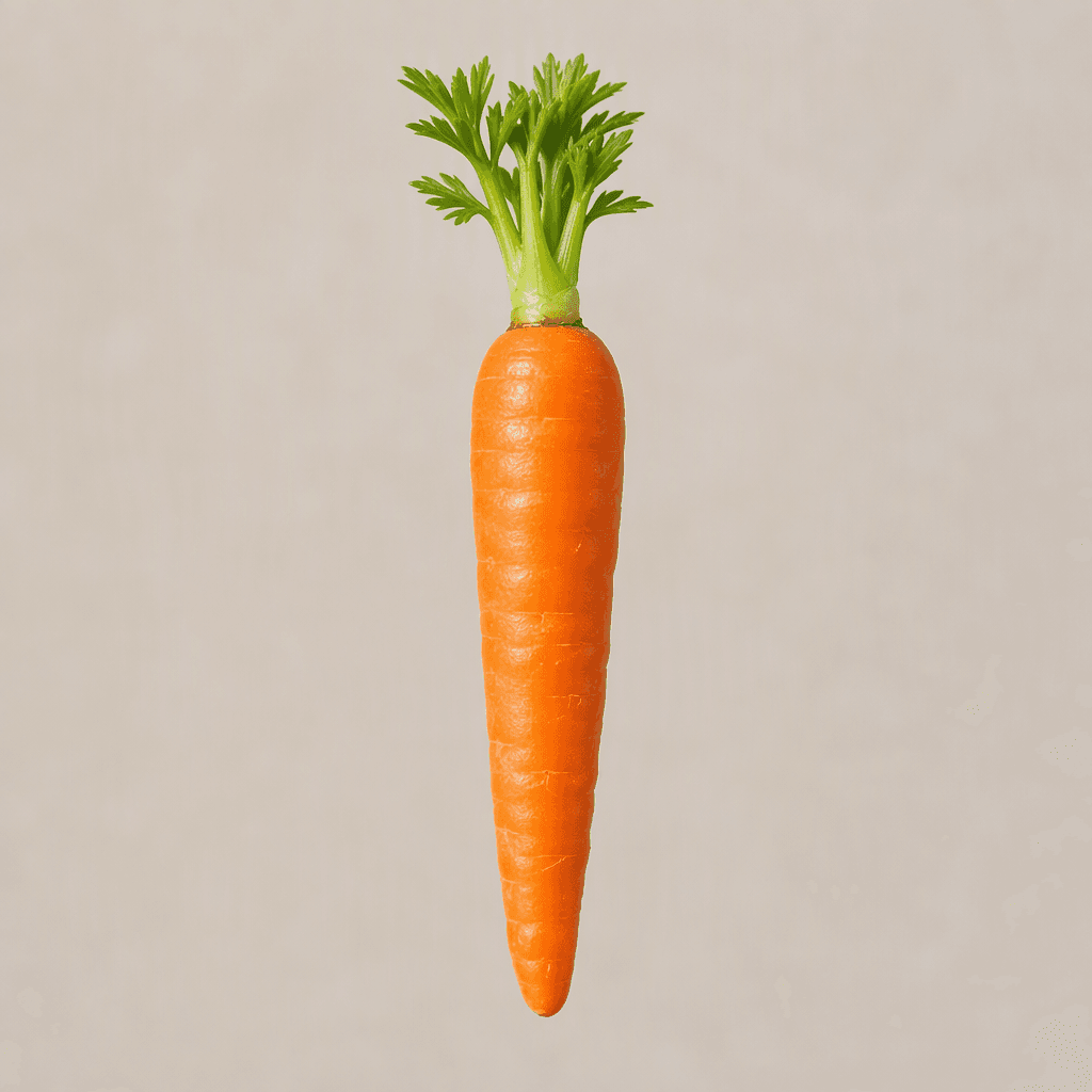 A small, slender, tapered carrot with smooth vivid orange skin, a rounded tip, and a short tuft of fresh green leaves at the top.