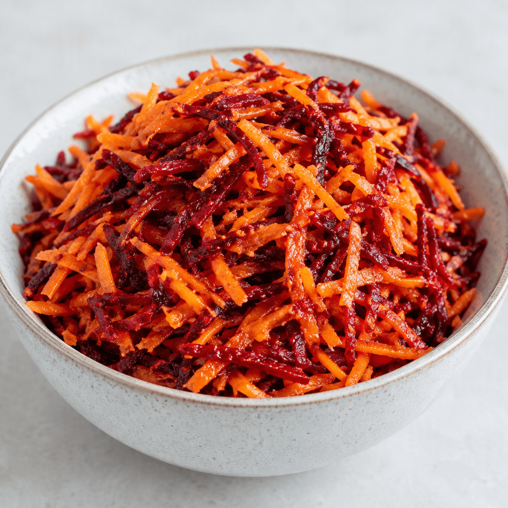 A mound of finely grated bright orange carrot and deep burgundy beetroot strands, visibly layered or lightly mixed, served in a bowl with a moist, glossy texture.