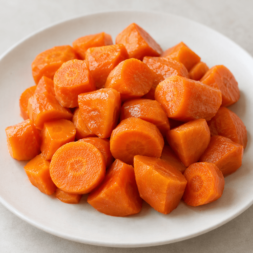 Tender bright-orange carrot pieces, cut into short rounds and irregular chunks, with a soft moist surface and a slight sheen, arranged on a plain plate.
