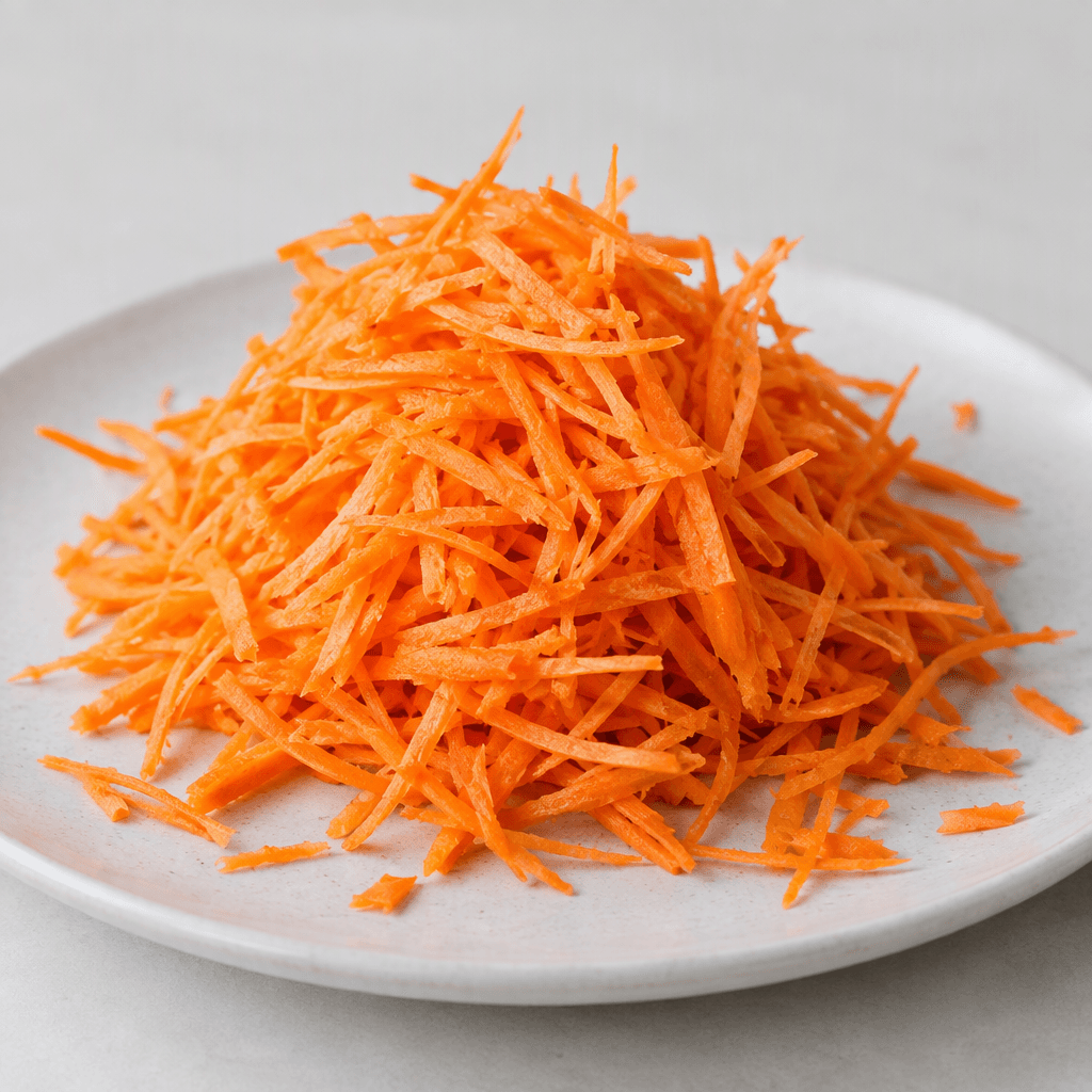 Thin, irregular orange carrot shreds piled loosely on a plate, with crisp-looking strands and a few small fragments scattered around the mound.