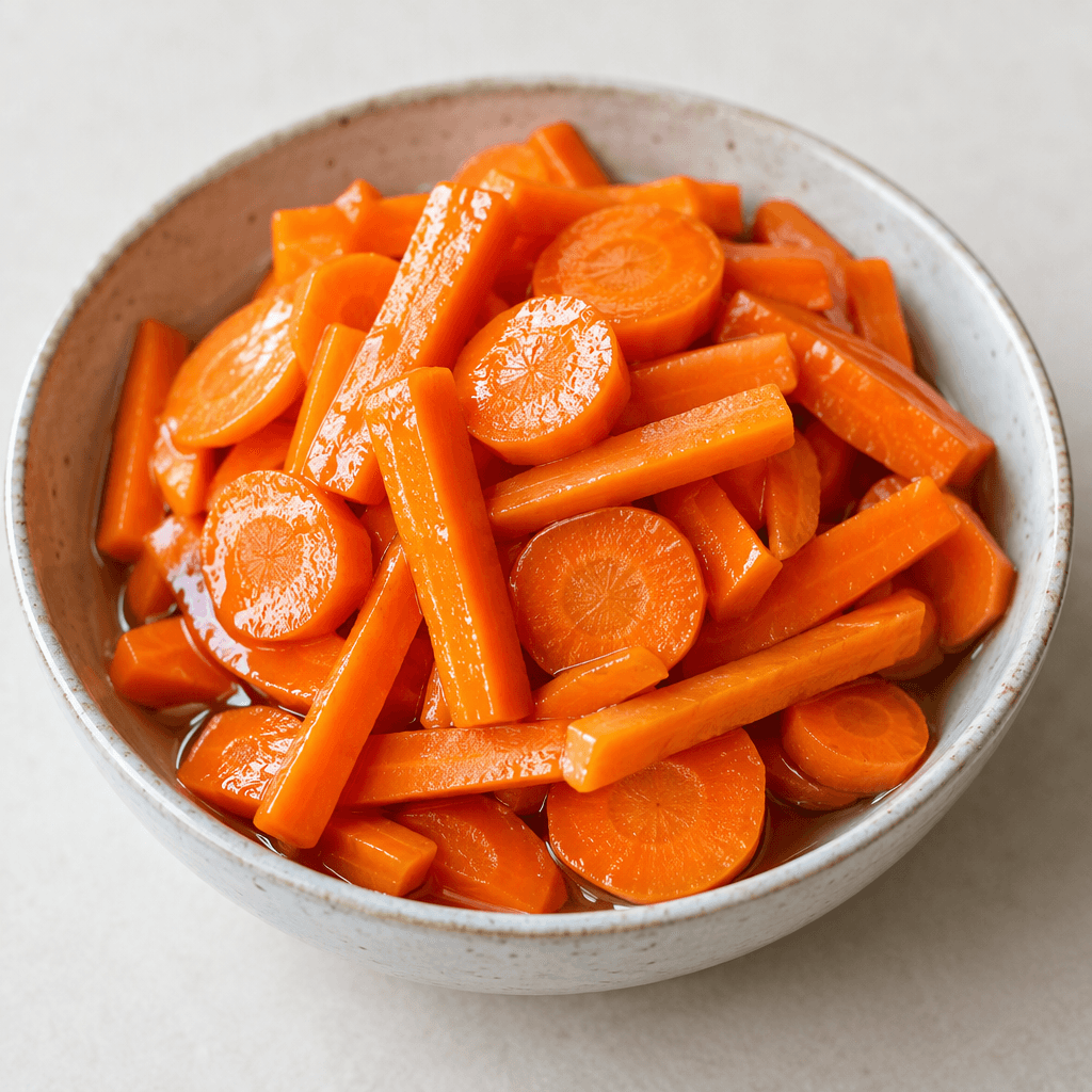 Bright orange carrot sticks and thin round slices with a glossy, crisp-looking surface are piled in a small dish with a little clear brine visible around them.