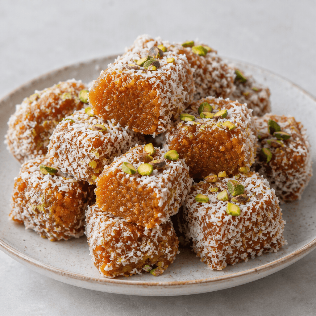 Small, dense orange-brown carrot confection pieces are arranged on a plate, their cut surfaces slightly glossy and their outsides coated in fine white coconut flakes, with a few green pistachio pieces scattered over them.