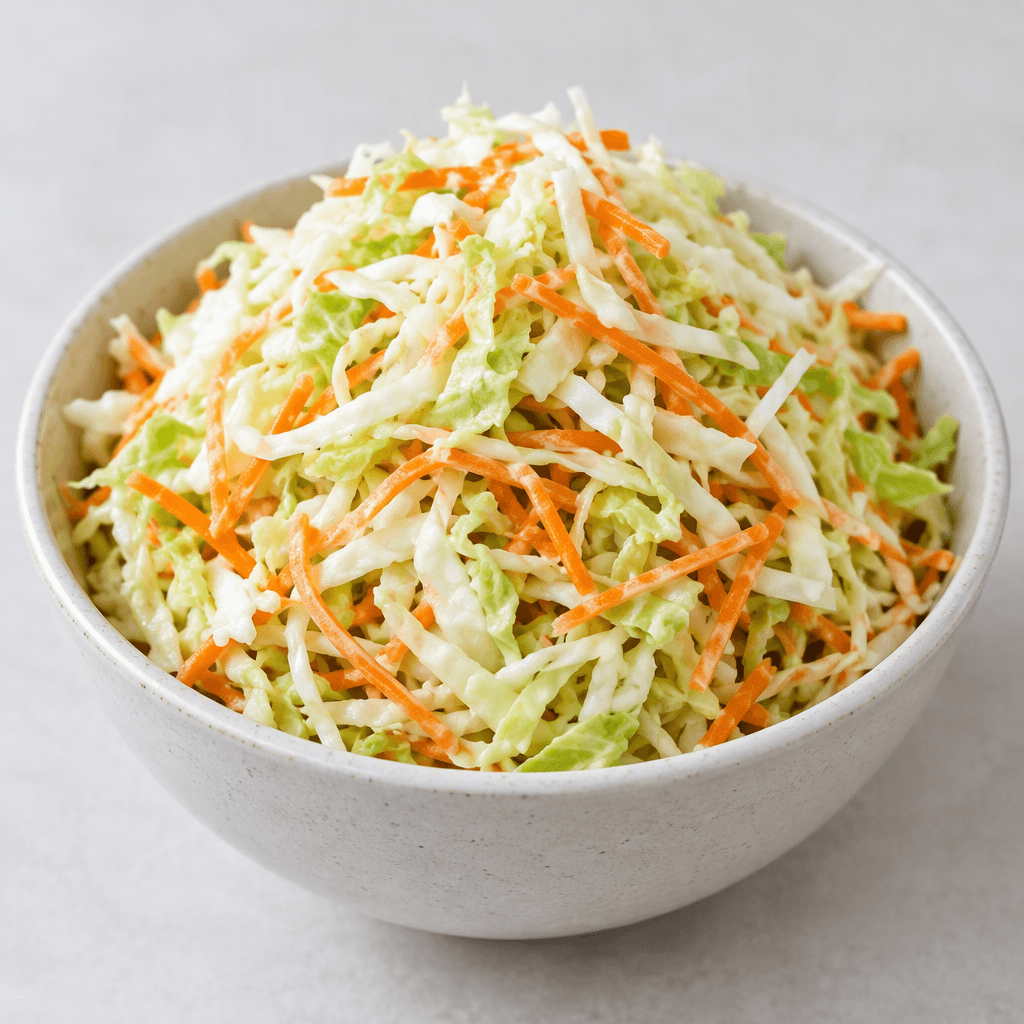 A mound of finely shredded pale green and white cabbage mixed with thin bright orange carrot strips, served in a bowl with a crisp, loose texture.