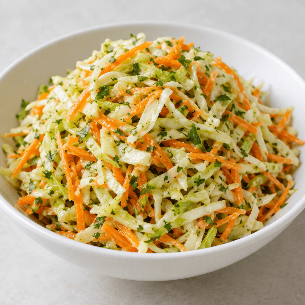 İnce kıyılmış açık yeşil lahana ve parlak turuncu havuç şeritlerinden oluşan, aralarındaki yeşil ot parçaları görünen ve telleri birbirinden ayrık duran salata, sığ beyaz bir kâsede servis edilir.