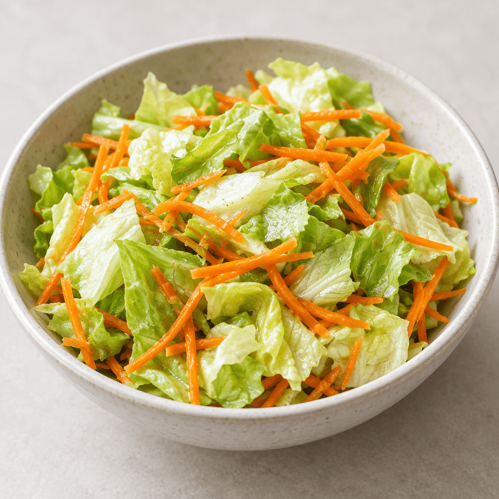 A fresh salad of pale green lettuce leaves and thin, bright orange carrot strips, loosely combined and served in a shallow bowl.