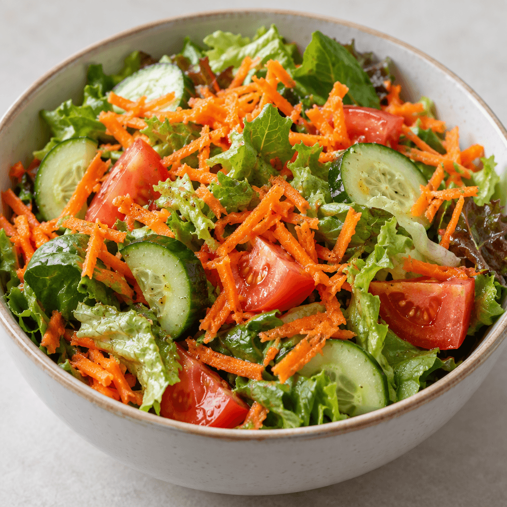 A serving of mixed vegetables with bright orange grated carrot scattered among green leafy pieces, pale cucumber slices, and red tomato chunks, arranged in a bowl.
