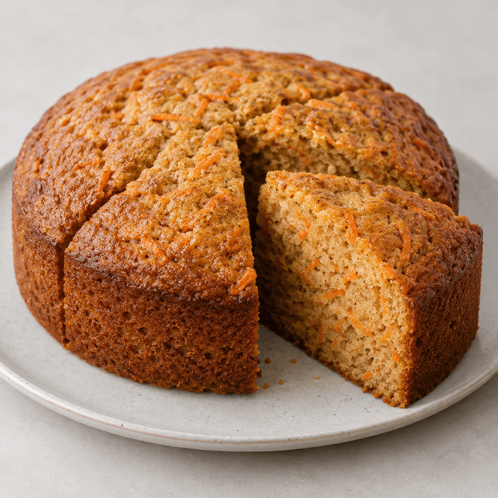 A golden-brown round cake with a slightly domed top, visible orange carrot shreds and fine cinnamon specks in its dense crumb, cut into neat slices and served on a plate.