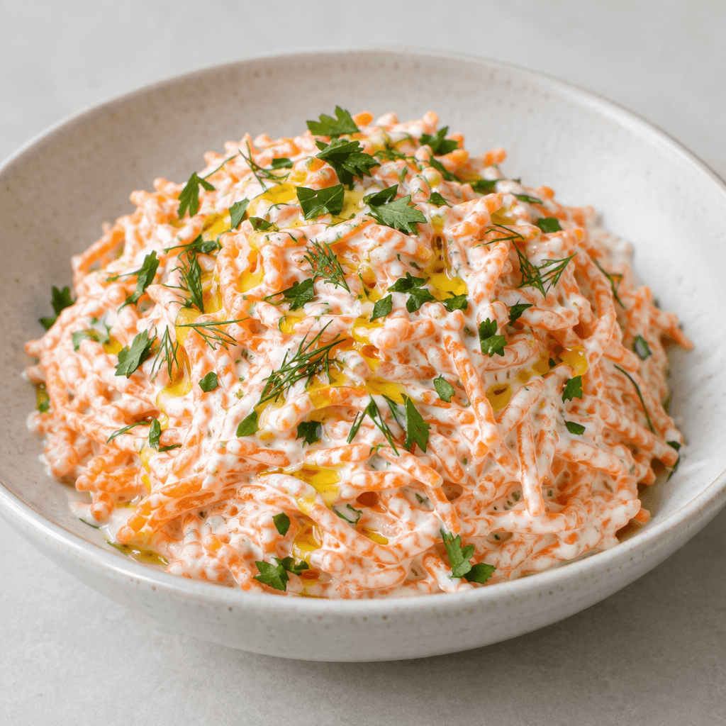 Fine orange carrot shreds are coated in thick white yogurt and served as a soft, creamy mound in a shallow dish, with a light drizzle of olive oil and scattered green herbs on top.